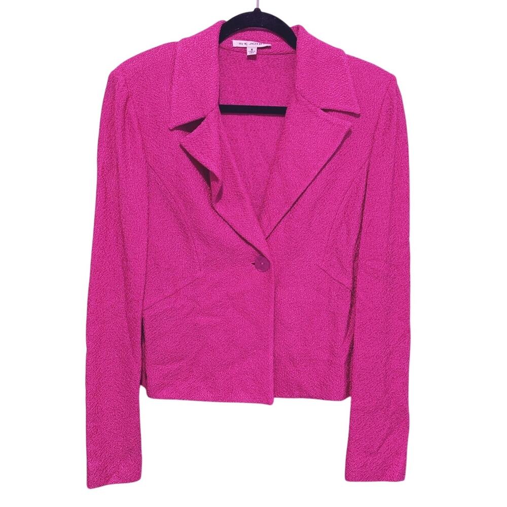 St. John Silk Wool Boucle Knit Single Button Blazer Jacket Size 8 Pink Old Money
